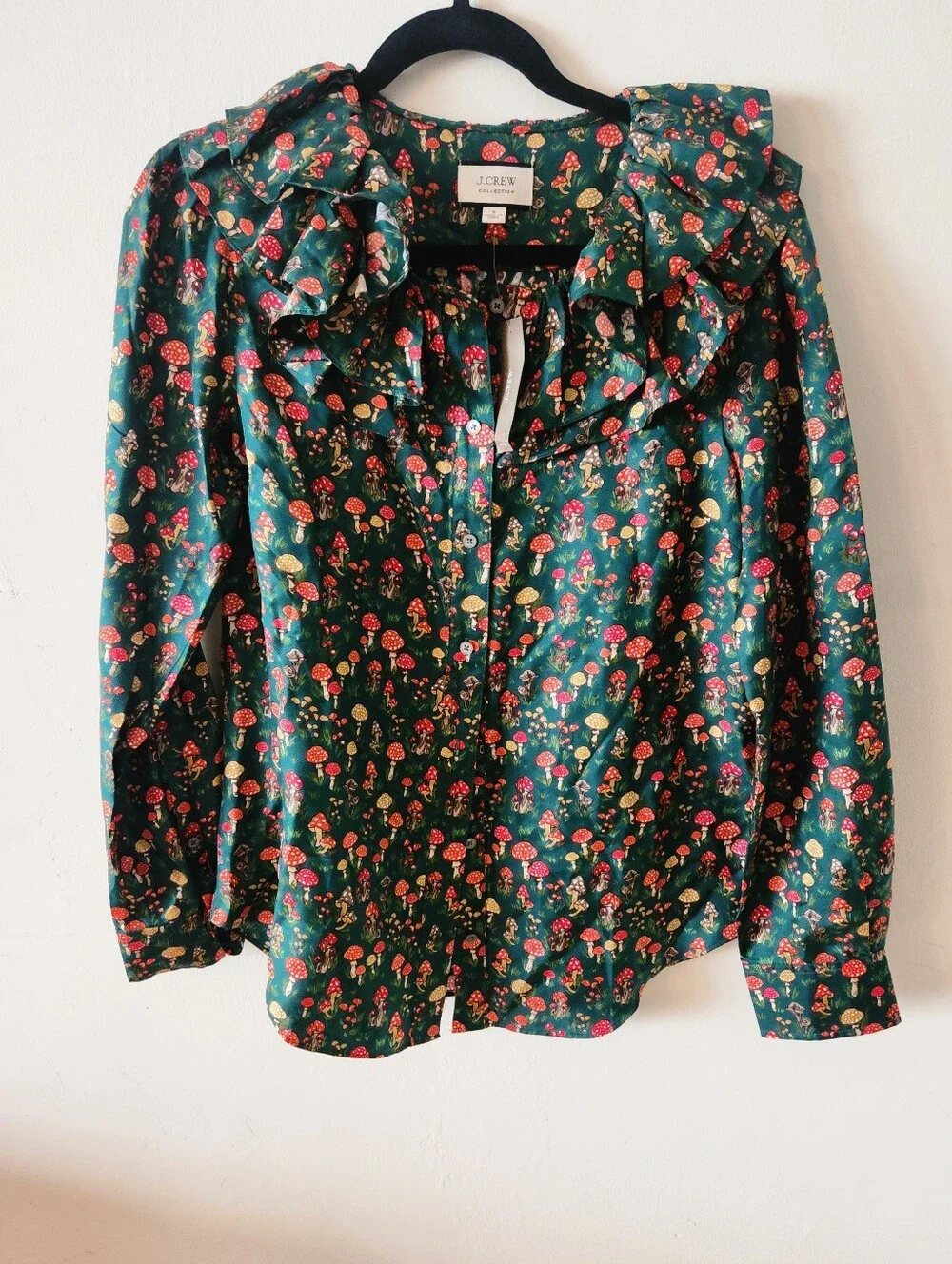 J. Crew Collection 100% Silk Twill Ruffle Collar Top in Mushroom Floral NEW NWT